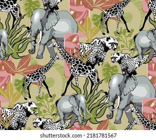 Seamless pattern of elefants, giraffe and leopard. Suitable for fabric, mural, wrapping paper and the like. Vector illustration.