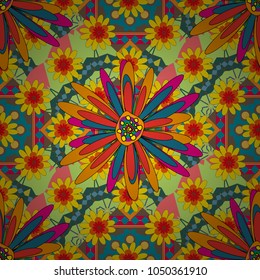 Seamless pattern with elegance abstract blooming flowers. Spring and summer vintage floral background in gray, yellow and blue colors. Beautiful vector texture.