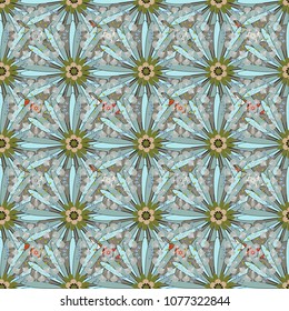 Seamless pattern with elegance abstract blooming flowers. Spring and summer vintage floral background in green, blue and beige colors. Beautiful vector texture.