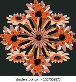 Seamless pattern with elegance abstract blooming flowers. Beautiful vector texture. Spring and summer vintage floral background in gray, orange and black colors.
