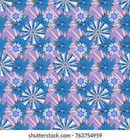 Seamless pattern with elegance abstract blooming flowers. Spring and summer vintage floral background in purple, blue and violet colors. Beautiful vector texture.