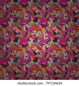 Seamless pattern with elegance abstract blooming flowers. Spring and summer vintage floral background in gray, orange and purple colors. Beautiful vector texture.