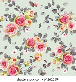 Seamless pattern with elegance blooming english roses. Spring vintage floral background. Beautiful vector illustration texture