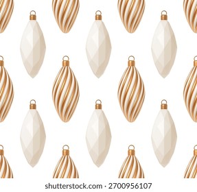 Seamless Pattern of Elegant 3D Golden Swirl and Faceted White Christmas Ornaments. Modern Minimalist Holiday Vector Design for Luxury Festive Backgrounds and Winter Celebrations.