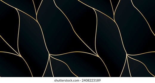 Seamless pattern, elegant abstract background with thin gold lines on a black gradient. Classic surface design with wavy golden curves on dark. Vector repeat texture.