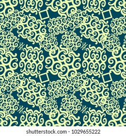 A seamless pattern of elegant arabesques in combination with geometric figures chaotically located on a dark blue background. Vector illustration