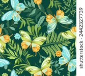 Seamless pattern of elegant beautiful tropical butterflies and plants isolated on background. Cute flying butterfly insects and leaves for decorative design elements.Vector illustration