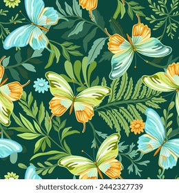 Seamless pattern of elegant beautiful tropical butterflies and plants isolated on background. Cute flying butterfly insects and leaves for decorative design elements.Vector illustration