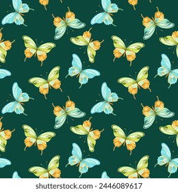 Seamless pattern of elegant beautiful tropical butterflies and plants isolated on background. Cute flying butterfly insects and leaves for decorative design elements.Vector illustration