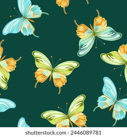 Seamless pattern of elegant beautiful tropical butterflies and plants isolated on background. Cute flying butterfly insects and leaves for decorative design elements.Vector illustration