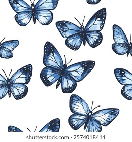 Seamless pattern of elegant beautiful tropical butterflies and plants isolated on background. Cute flying butterfly insects and leaves for decorative design elements.Vector illustration