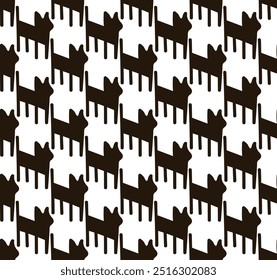 Seamless pattern with elegant black cats arranged in a classic houndstooth design. The feline silhouettes blend beautifully with the timeless textile motif, creating a stylish whimsical look.