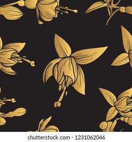 Seamless pattern elegant black pattern with gold flowers. Vector illustration.