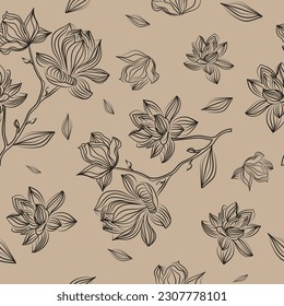 Seamless pattern with elegant black linear magnolia flowers. Vector botanical illustration for invitation banner with exotic flowers.