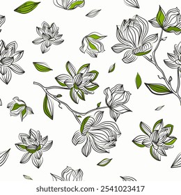 Patrón sin fisuras con elegantes flores de magnolia lineales negras. Ilustración botánica de Vector para Anuncio de invitación con flor exótica. Patrón de flores de verano 