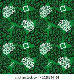 A seamless pattern of elegant black and white arabesques in combination with geometric figures chaotically located on a dark green background. Vector illustration
