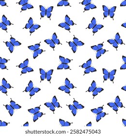 Seamless pattern of elegant blue butterflies in a flat style, arranged in a dynamic scattered composition, ideal for textiles, wallpapers, packaging, and decorative backgrounds.