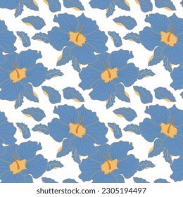 Seamless pattern, elegant blue and gold hibiscus flowers. Print, floral background, textile, wallpaper, vector	
