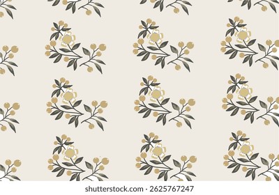 seamless pattern of Elegant botanical design with yellow flowers and berries on white.