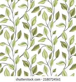 Seamless pattern, elegant botanical print with foliage in pastel colors. Gentle botanical background design with hand drawn green leaves, thin branches on white. Vector illustration.