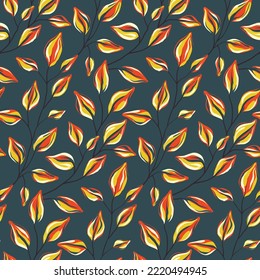 Seamless pattern, elegant botanical print with autumn leaves in an abstract arrangement on a dark background. Beautiful botanical design with foliage painting, small hand drawn leaves. Vector.