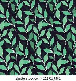 Seamless pattern, elegant botanical print with large hand drawn leaves on a dark background. Abstract arrangement from painted foliage, decorative art with green leaves. Vector illustration.