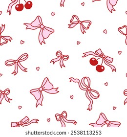 Seamless pattern of elegant bow knots, cherry berry, heart. Background with coquette pretty charming pink bow