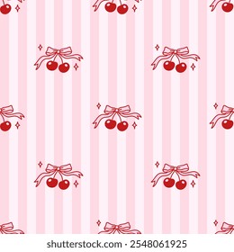 Seamless pattern of elegant bow knots, cherry berry and stars on striped pink background. Backdrop with coquette pretty charming bow. Vintage hand drawn illustration