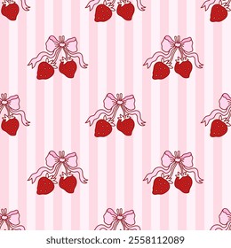 Seamless pattern of elegant bow knots, cherry berry and stars on striped pink background. Backdrop with coquette pretty charming bow. Vintage hand drawn illustration