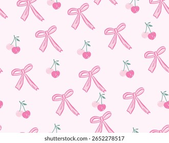 Padrão perfeito de nós de arco elegantes, cereja em forma de coração com fundo rosa arco. Fundo com coquette arco muito charmoso. Ilustração desenhada à mão vintage