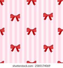 Seamless pattern of elegant bow red knots on striped pink background. Backdrop with coquette pretty charming bow. Vintage hand drawn illustration