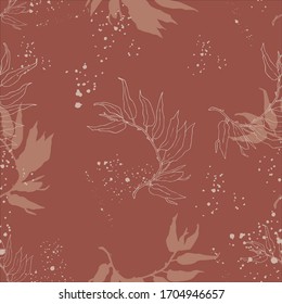 Seamless pattern elegant branch with leaves and stain modern texture. Wallpaper, wrap, pattern, ornament, background, textile, fabric,