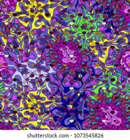 Seamless pattern Elegant decorative ornament for fashion print, scrapbook, wrapping paper, wallpaper. Pictures on a violet, black, purple, blue and yellow colors Vector illustration.