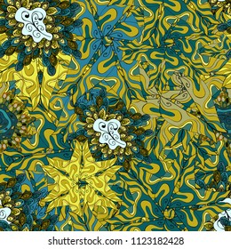 Seamless pattern Elegant decorative ornament for fashion print, scrapbook, wrapping paper, wallpaper. Images on a yellow, blue and black colors Vector illustration.