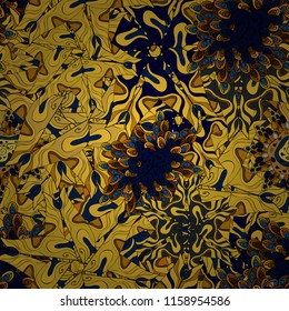 Seamless pattern Elegant decorative ornament for fashion print, scrapbook, wrapping paper, wallpaper. Pictures on a yellow, black and blue colors Vector illustration.