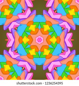 Seamless pattern Elegant decorative ornament for fashion print, scrapbook, wrapping paper, wallpaper. Pictures on a orange, blue and green colors Vector illustration.