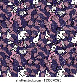 Seamless pattern Elegant decorative ornament for fashion print, scrapbook, wrapping paper, wallpaper. Pictures on a violet, pink and black colors Vector illustration.