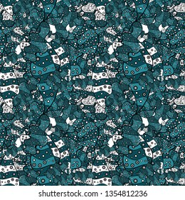 Seamless pattern Elegant decorative ornament for fashion print, scrapbook, wrapping paper, wallpaper. Images on a white, black and blue colors Vector illustration.