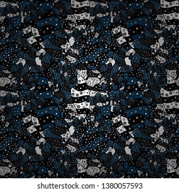 Seamless pattern Elegant decorative ornament for fashion print, scrapbook, wrapping paper, wallpaper. Pictures on a blue, white and black colors Vector illustration.