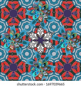 Seamless pattern Elegant decorative ornament for fashion print, scrapbook, wrapping paper, wallpaper. Pictures on a red, gray and blue colors Vector illustration.