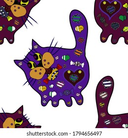 Seamless pattern Elegant decorative ornament for fashion print, scrapbook, wrapping paper, wallpaper. Cat pictures on a purple, white and violet colors Vector illustration.