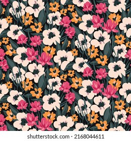 Seamless pattern, elegant ditsy print with blooming meadow, small hand drawn flowers, leaves. Vintage floral background with hand drawn plants, wild flowers on a dark field. Vector illustration.