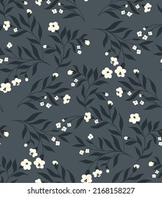 Seamless pattern, elegant floral background with decorative flowers branches, leaves. Beautiful botanical print with simple hand drawn plants, small flowers, foliage on twigs. Vector illustration.