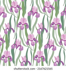 Seamless pattern, elegant floral print with delicate iris flowers, leaves on a white field. Feminine botanical background with hand drawn wild plants. Vector illustration.