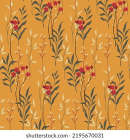 
Seamless pattern, elegant floral print with autumn botany in vintage style. Botanical surface design with drawing plants, small flowers on thin branches, leaves, herbs on yellow background. Vector.