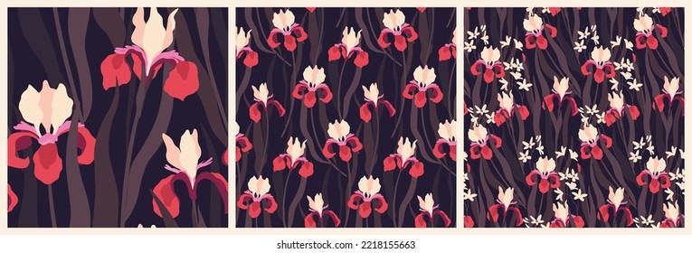 Seamless pattern, elegant floral print in the collection. Set of dark botanical background designs with hand drawn iris flowers, leaves on black surface. Vector illustration.