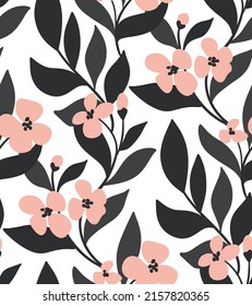 Seamless pattern with elegant flower composition. Small pink flowers, black leaves on a long continuous stem on a white surface. Botanical background design, print. Vector illustration.
