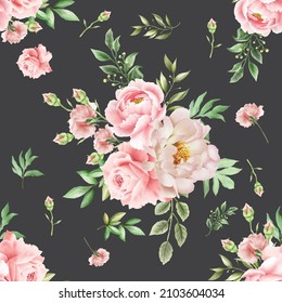 Seamless pattern with elegant flowers and leaves watercolor