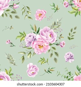Seamless pattern with elegant flowers and leaves watercolor