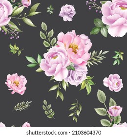 Seamless pattern with elegant flowers and leaves watercolor